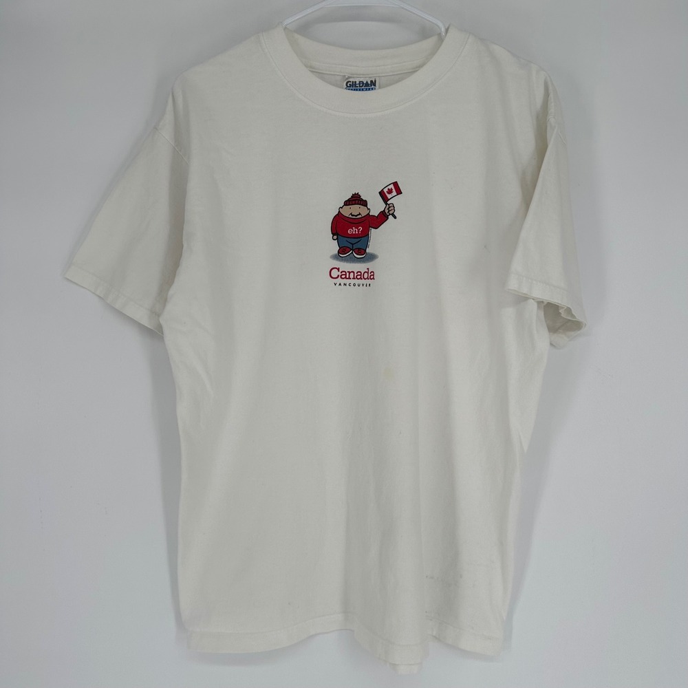 Vintage 90s 1998 Gildan Canada Vancouver Eh Graphic T-Shirt White Large Cartoon